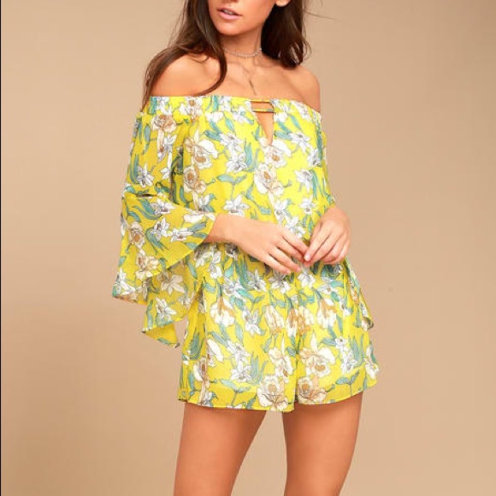 Lulus Yellow Floral Print Off-the-Shoulder Romper